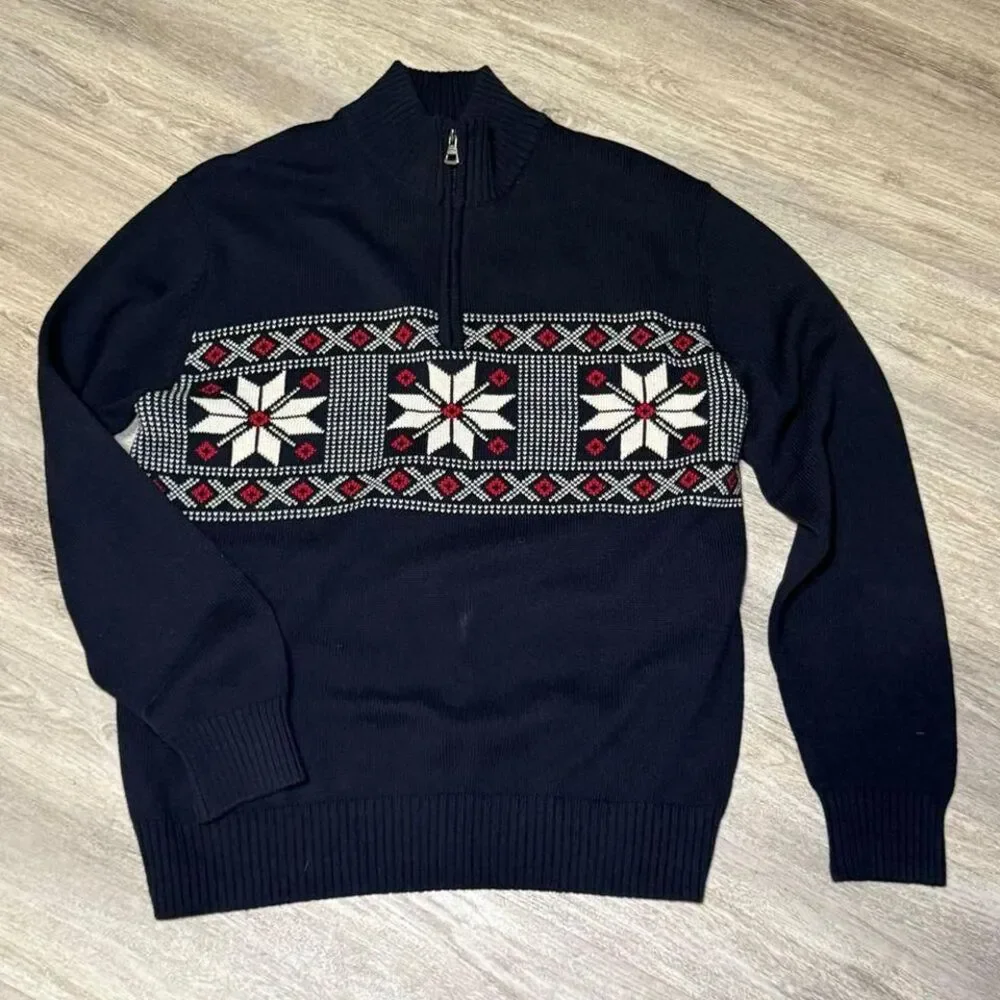 Original Weatherproof Vintage Mens Navy Blue Snowflake‎ Geometric Sweater Large